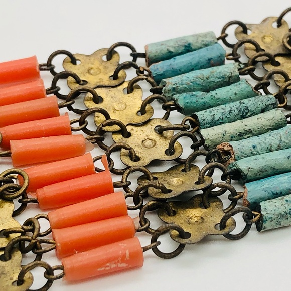 Rare Vintage Egyptian Revival Faience brass filigree bracelet - Picture 7 of 16